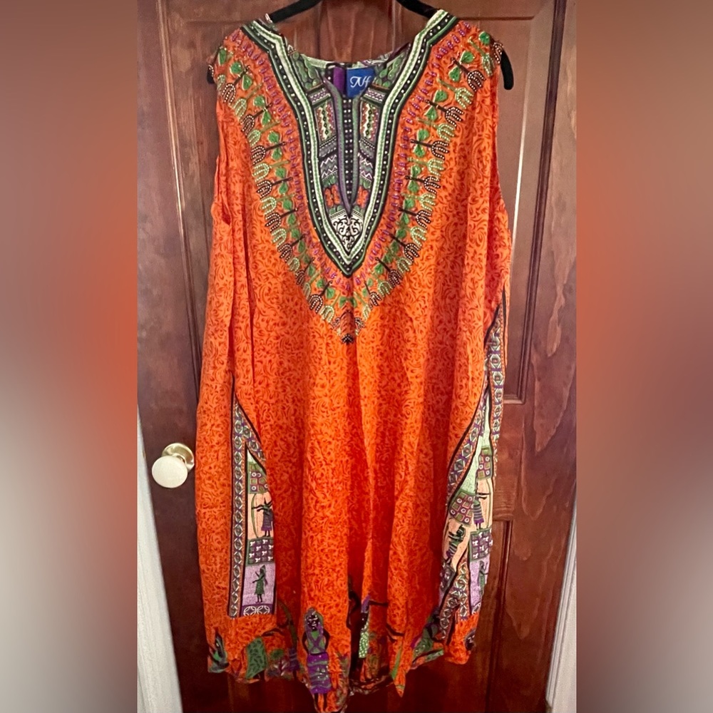 African Dashiki Orange  print dress with glitter dots detail one size